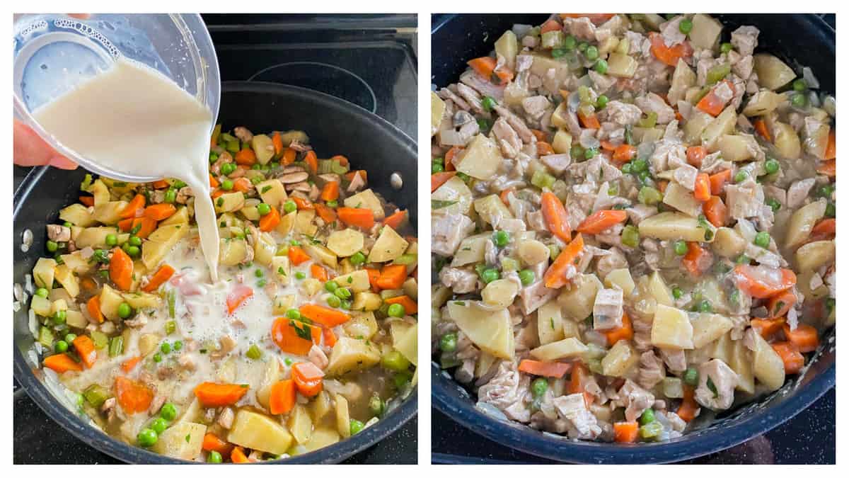 Hand pouring in milk to a skillet full of vegetables, photo on the right of everythign mixed together.