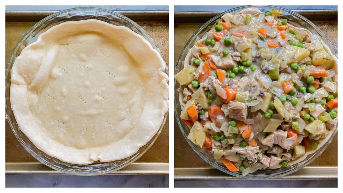 Left: pre baked pie crust in glass baking dish. Right: vegetable and turkey filling in pie crust.