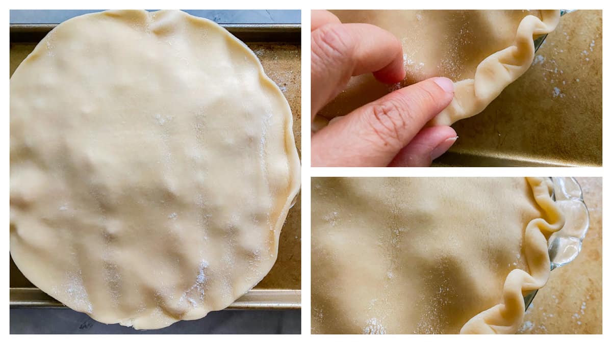 pie crust on top of pie plate, top right: hand crimping pie crust; bottom right: crimped pie crust.