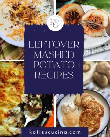 Potato rollenas, mashed potato cakes, potato soup, and shepherds pie with recipe title text on image for Pinterest.