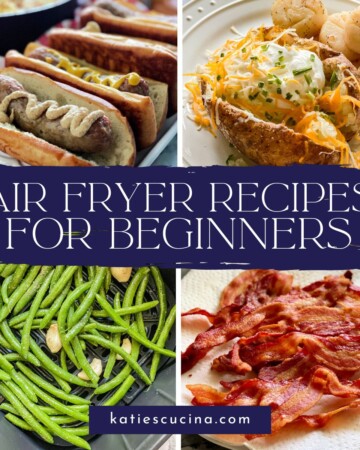 brats, baked potato, green beans, and bacon with text on image for Pinterest.