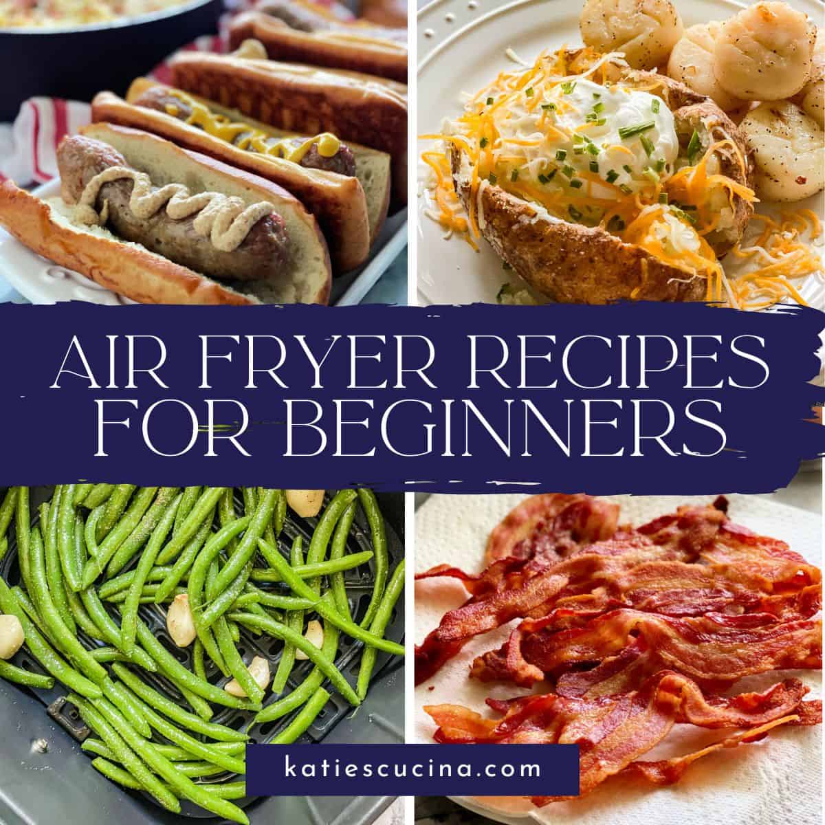 brats, baked potato, green beans, and bacon with text on image for Pinterest.