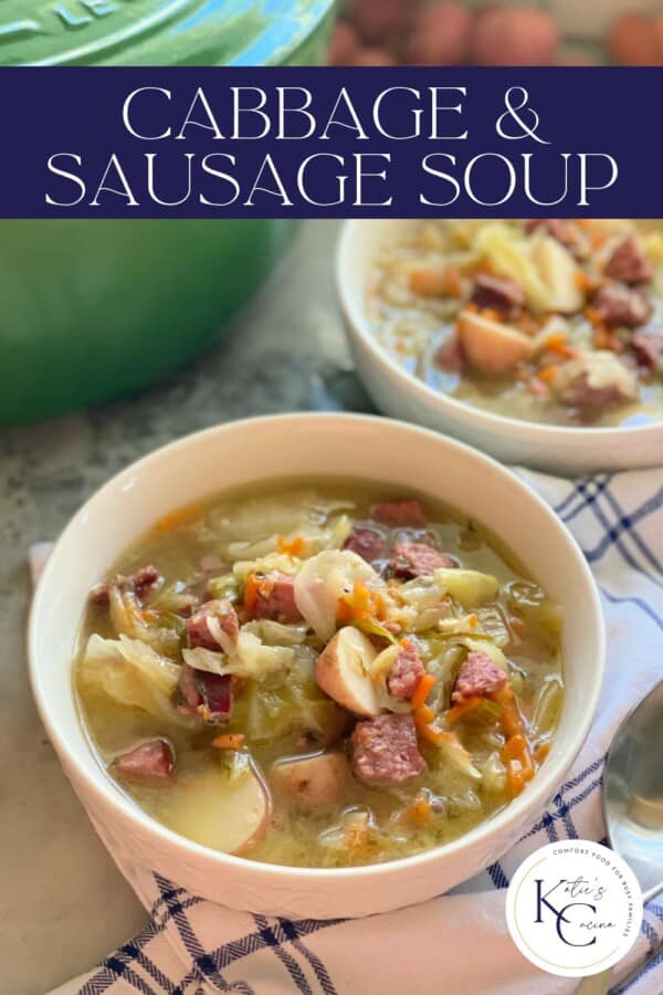 Two white bowls filled with soup with recipe title text on image for Pinterest.