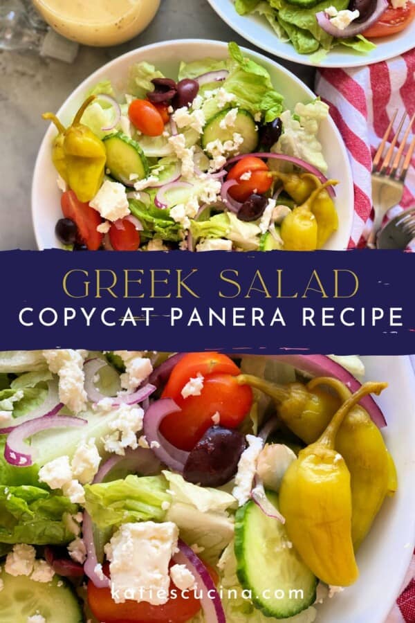 Two circle bowls filled with Greek Salad divided by recipe title text on image for Pinterest with a close up of salad below.