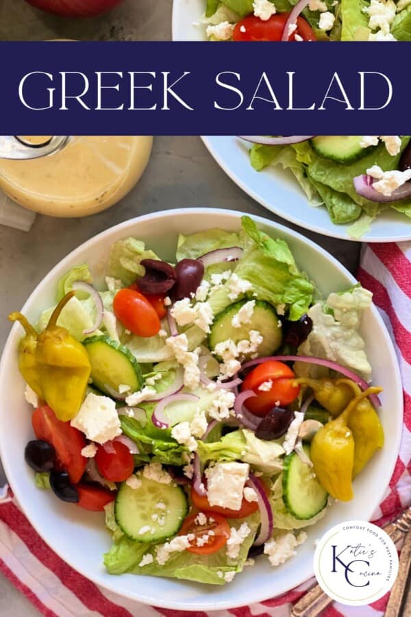 Two white bowls filled with salad and vegetables with recipe title text on image for Pinterest.