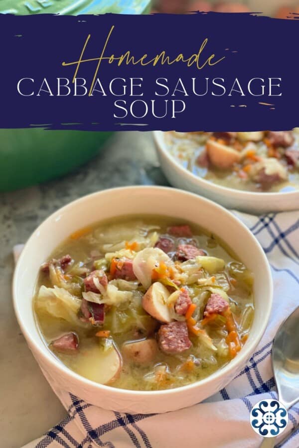 White bowls filled with cabbage, carrots, potatoes, and sausage with recipe title text on image for Pinterest.