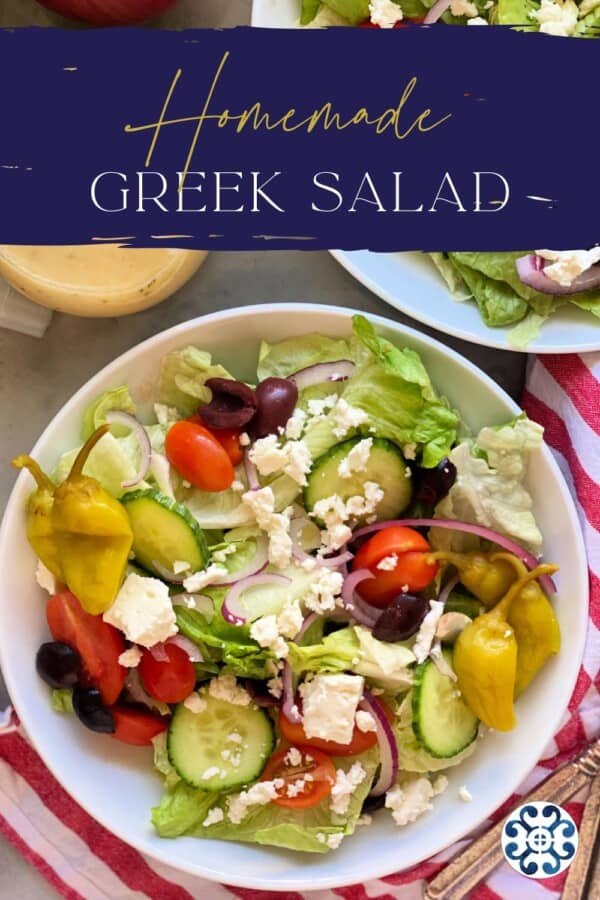 White bowl filled with salad with recipe title text on image for Pinterest.