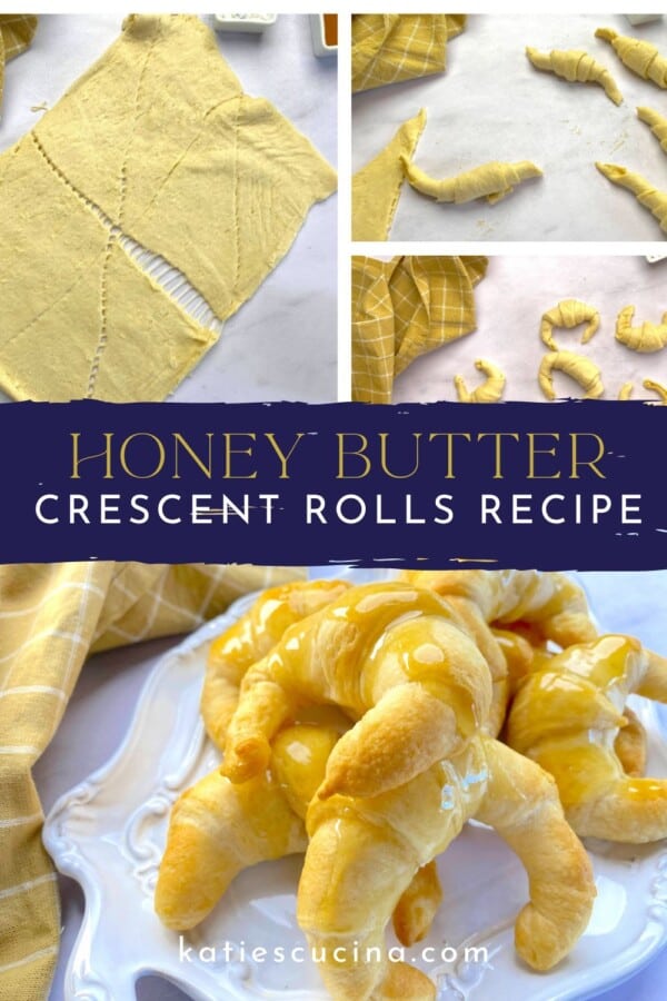 Four photos; top 3 of process on how to make crescent rolls divided by text on image for pinterest with a final photo of baked crescents below.
