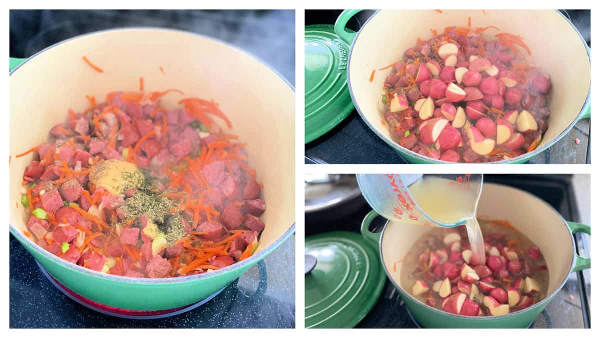 process of making soup with sausage, vegetables, and seasonings in one, potatoes added to top right corner pot and broth added to botom right.