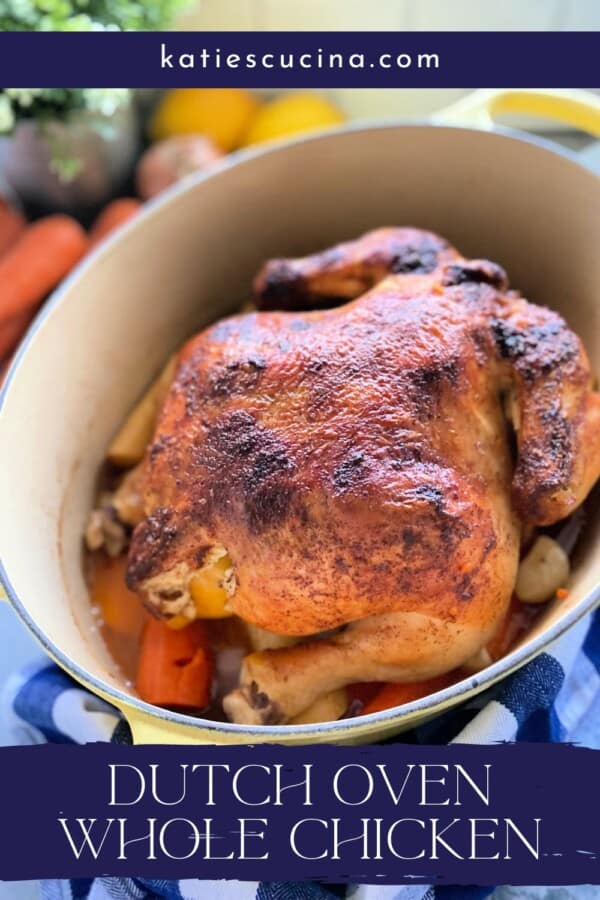 Oval baking dish with roasted vegetables and whole chicken with recipe title text on image for Pinterest.