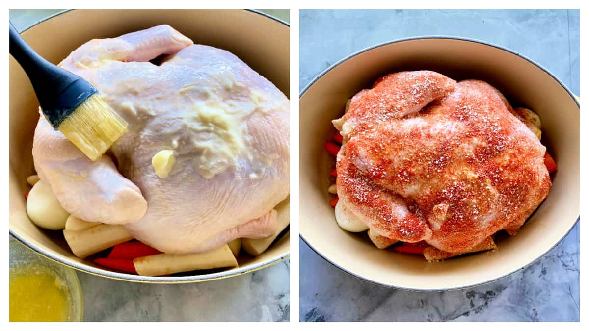 left: black basting brush - brushing butter onto a raw whole chicken. right: seasoning on a whole chicken.