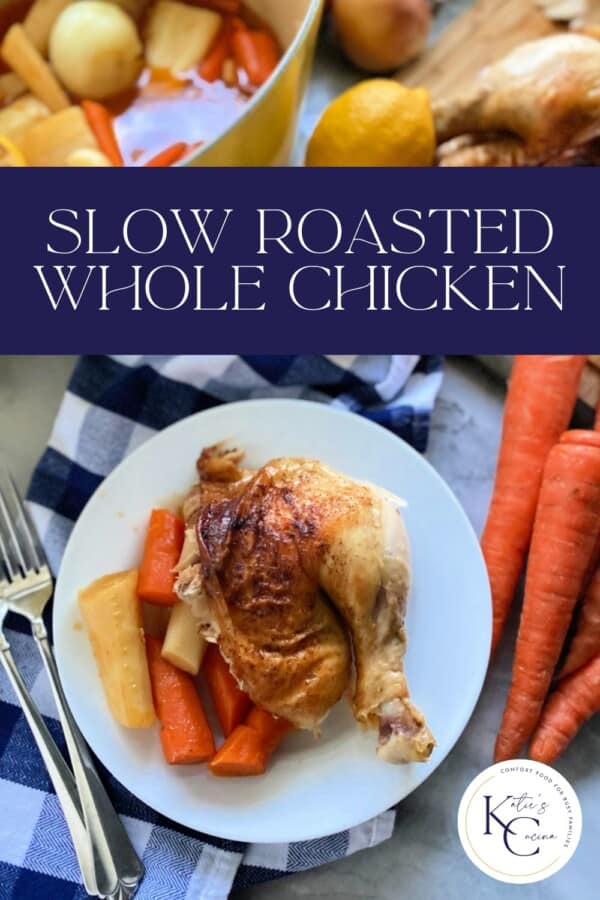 White plate filled with a chicken leg and veggies with recipe title text on image for Pinterest.