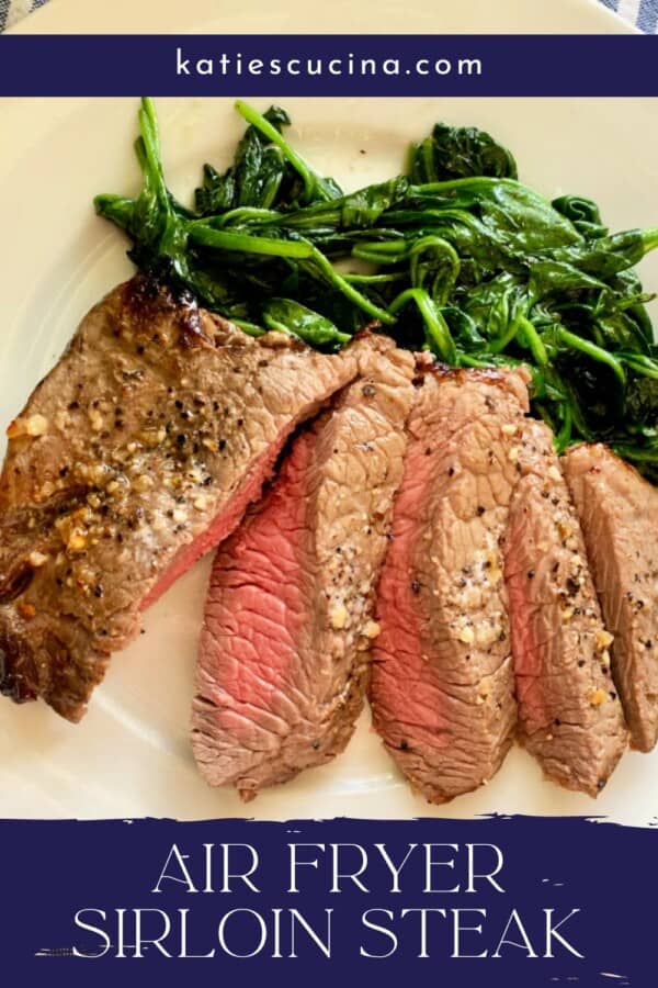 Four slices of steak from a larger piece of steak cooked to medium temperature with text on image for Pinterest.