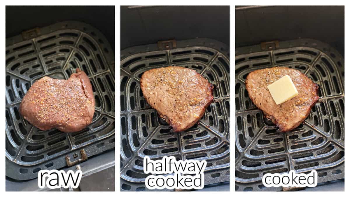 Three photos of steak cooking at different steps in an Air Fryer basket.