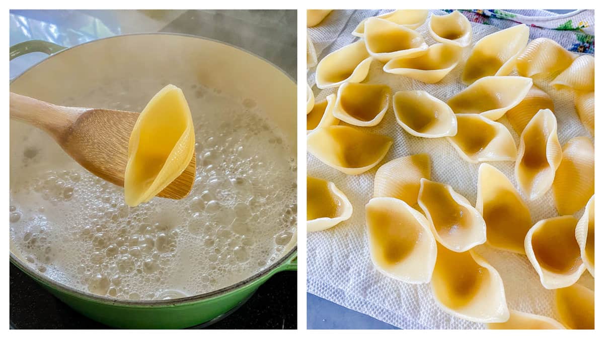 Process of boiling of the stuffed shells. First photo is of a wooden spatula holding a shell over a pot of boiling water. Second photo is of multiple shells drying on paper towels.
