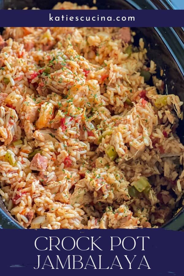 Black oval slow cooker with rice, chicken, shrimp with recipe title text on image for Pinterest.