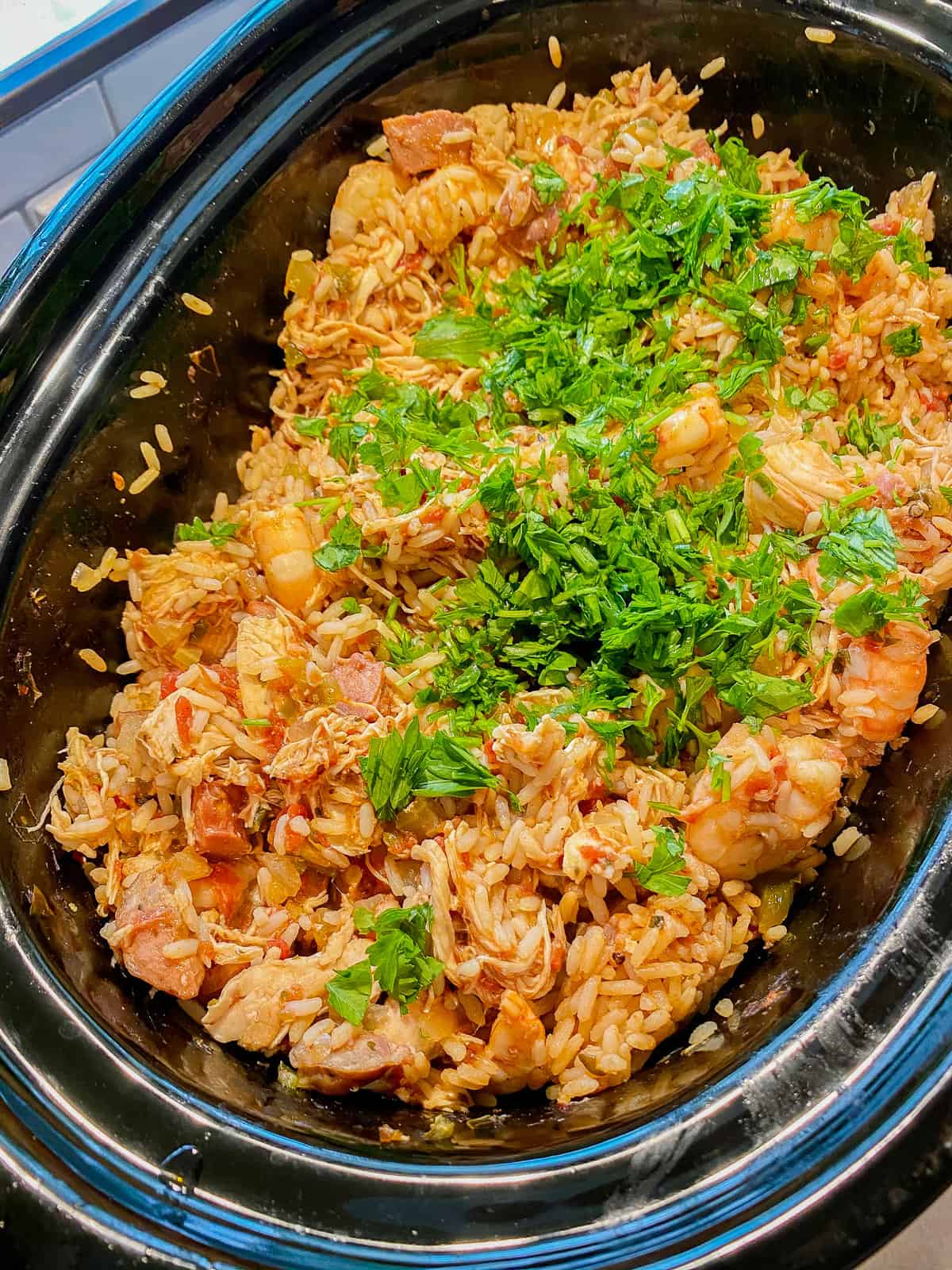 Black oval dish filled with rice, chicken, and shrimp with parsley on top.