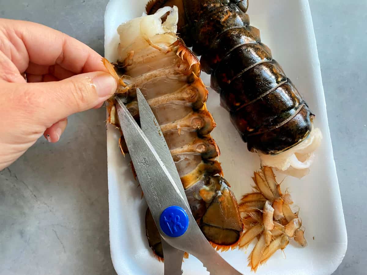 Hand holding lobster legs, cutting off each leg.