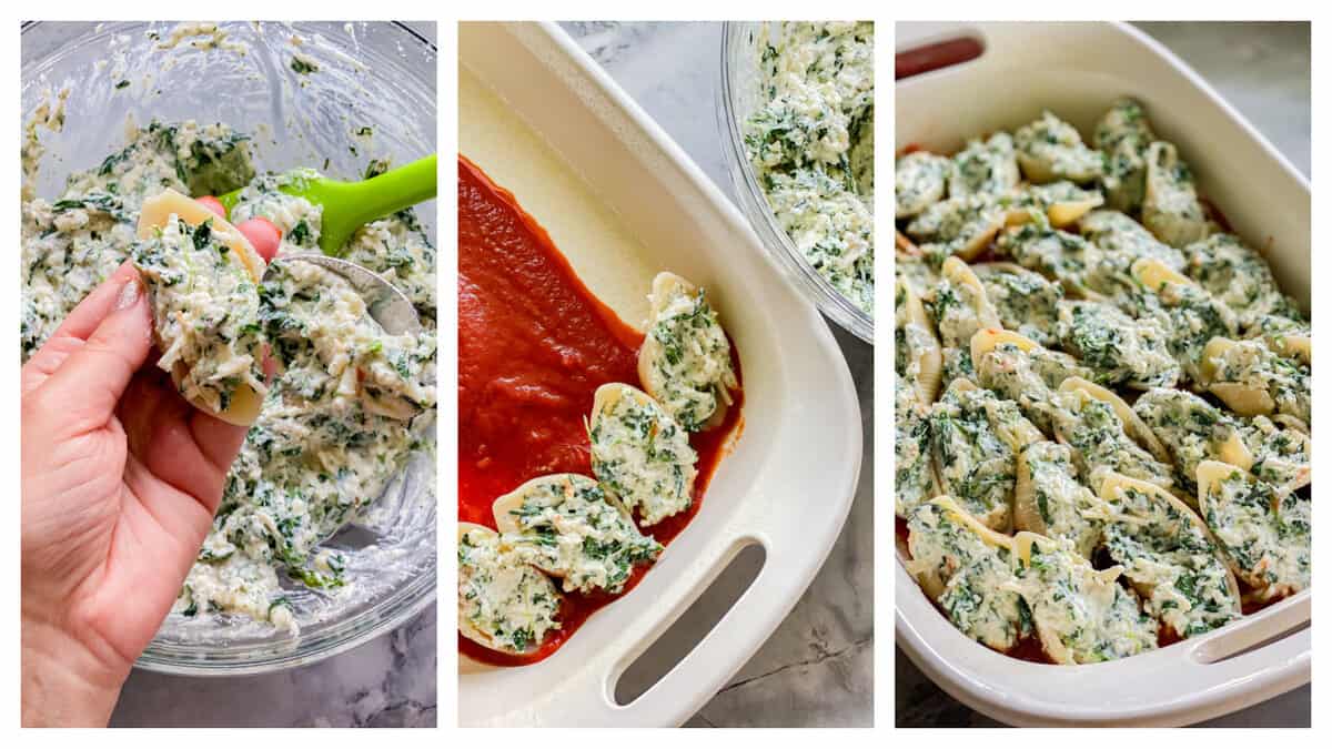 Process of stuffing and baking the stuffed shells. First photo is filling a shell with the spinach and ricotta blend. Second photo is of the stuffed shells laying in a white baking dish that's coated with marinara sauce. The last photo is of multiple stuffed shells laying in a baking dish.