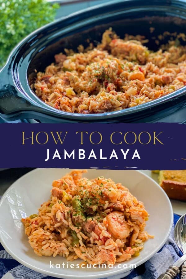 Black oval dish filled with rice, shrimp, and chicken divided by recipe title text on image for Pinterest with a white bowl below.