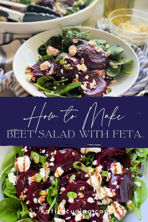 White bowl filled with beet salad divided by recipe title text with spinach, feta, and beets.