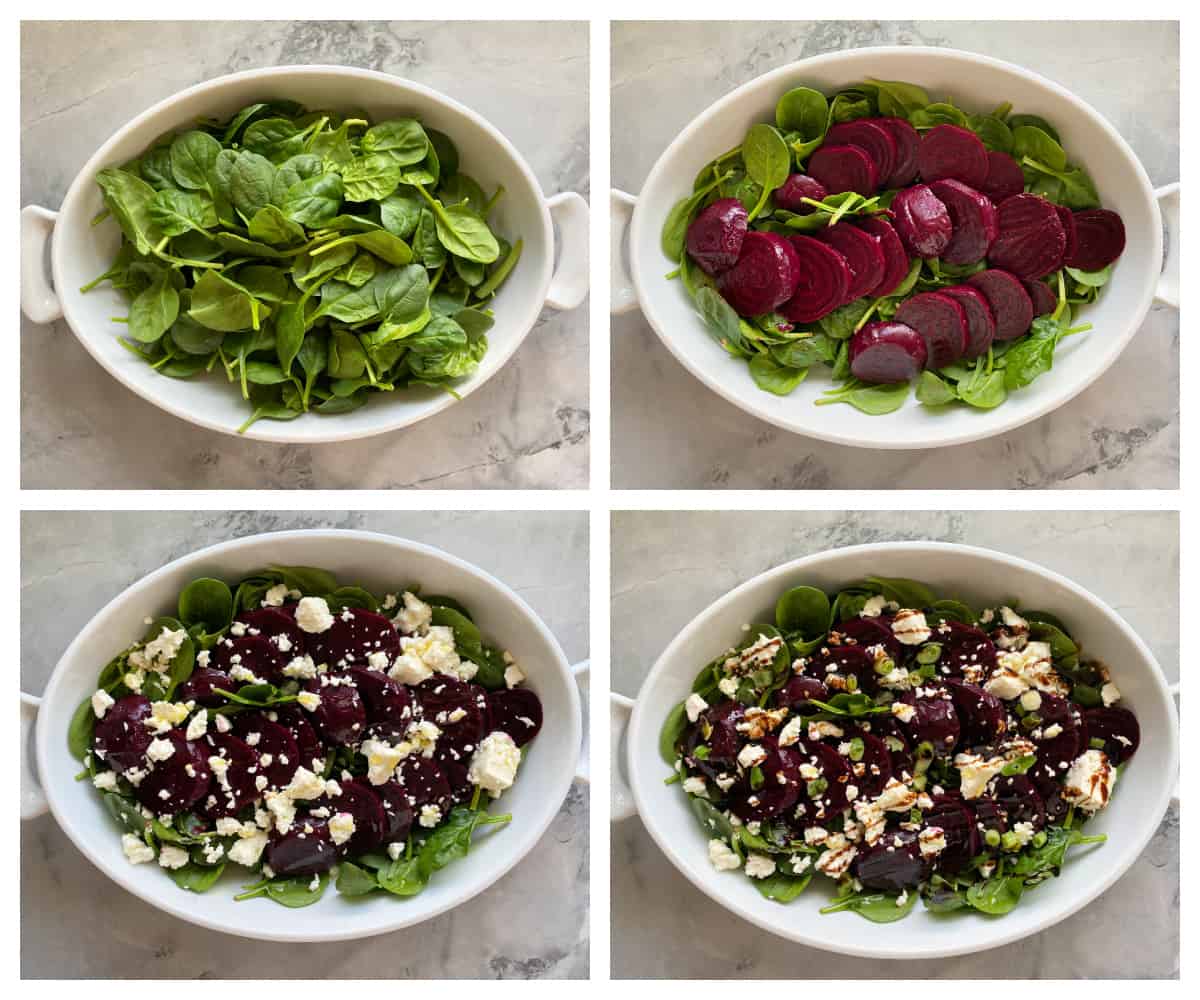 Four process shots on how to put together a beet and feta salad.