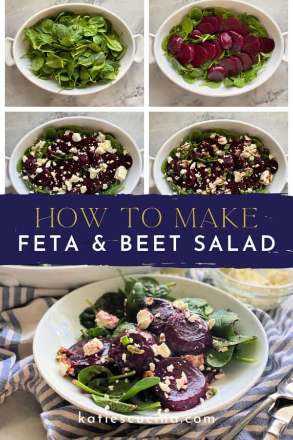 Four process shots of how to make a salad divided by text on image for Pinterest with a bowl of feta and beet salad below.