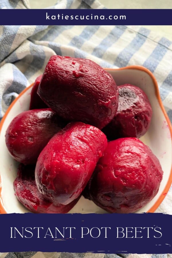 White bowl filled with cooked beets with recipe title text on image for Pinterest.