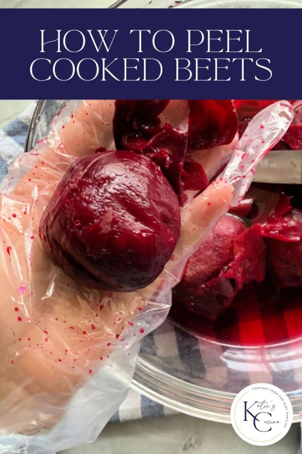 Hand in glove holding peeled beet with recipe title text on image for Pinterest.