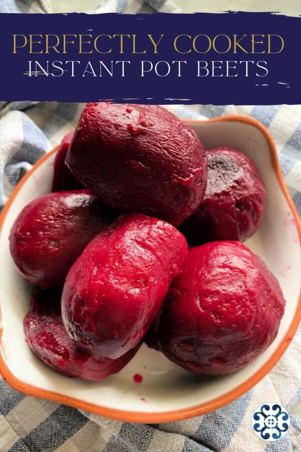 White bowl filled with cooked peeled beets with recipe title text on image for Pinterest.