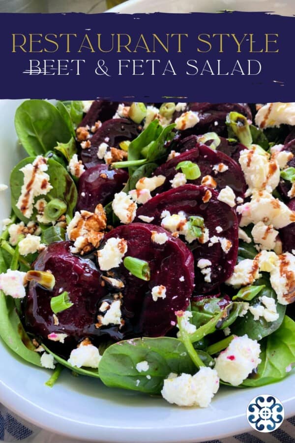 White bowl filled with beets, feta, green onion, and spinach with recipe title text on image for Pinterest.