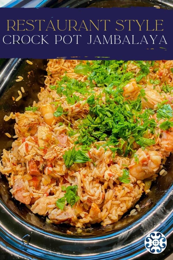 Black oval crock pot with rice and chicken and parsley with recipe titlte text on image for Pinterest.