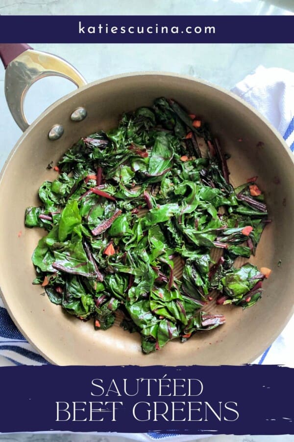 Sauteed greens in brown skillet with text on image for Pinterest.