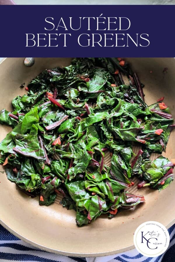 Sauteed greens with garlic with recipe title text on image for Pinterest with logo on right corner.