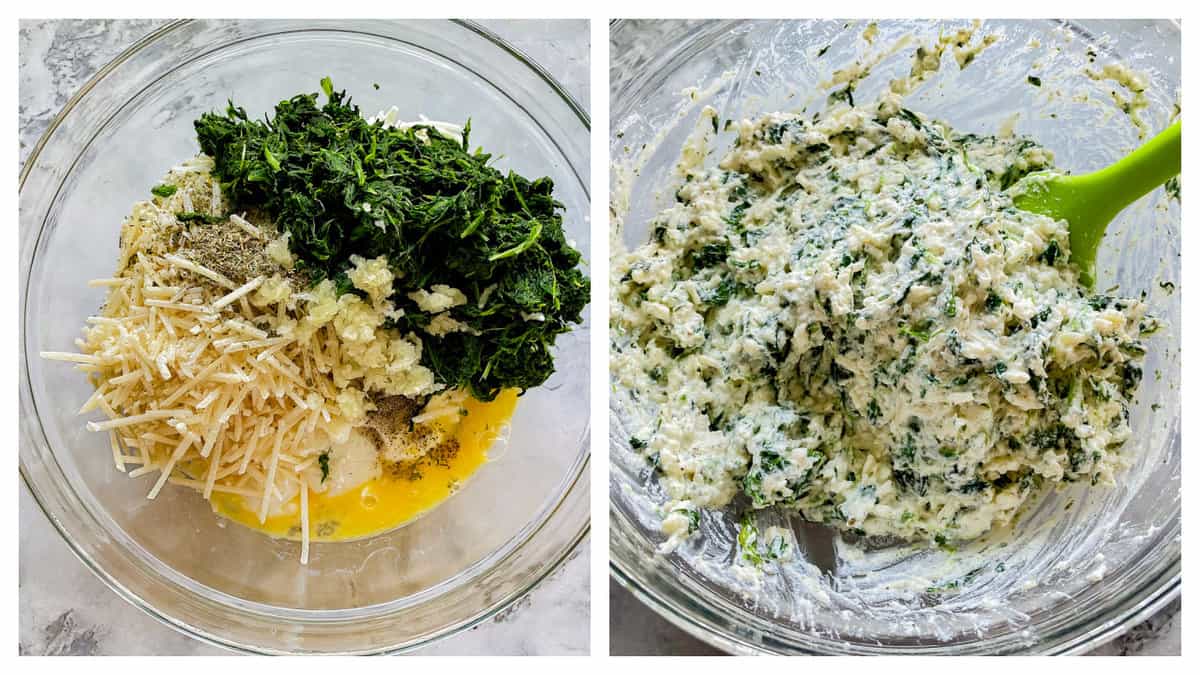 Process of making the spinach stuffing. First photo is of the ingredients in a bowl. The second photo is of the ingredients in the bowl after being well combined.