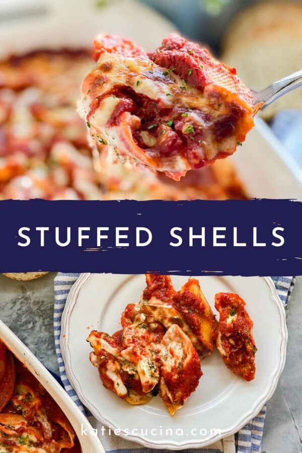 Spoonful of stuffed shells and a plate of stuffed shells being separated in the middle by stuffed shells title.