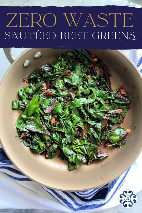 Skillet with sauteed greens with pink garlic and text on image for pinterest.