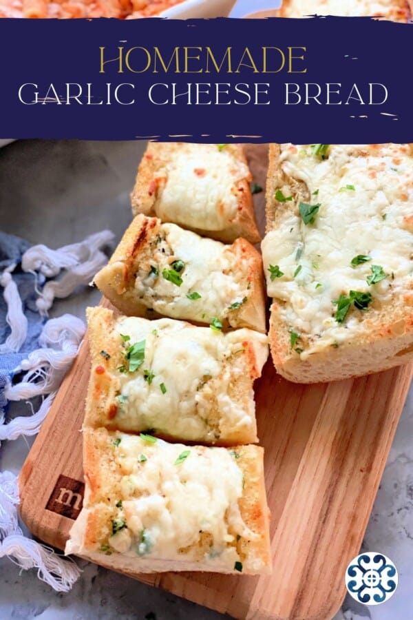 Two slices of cheese bread on a wood cutting board with text on image for Pinterest.