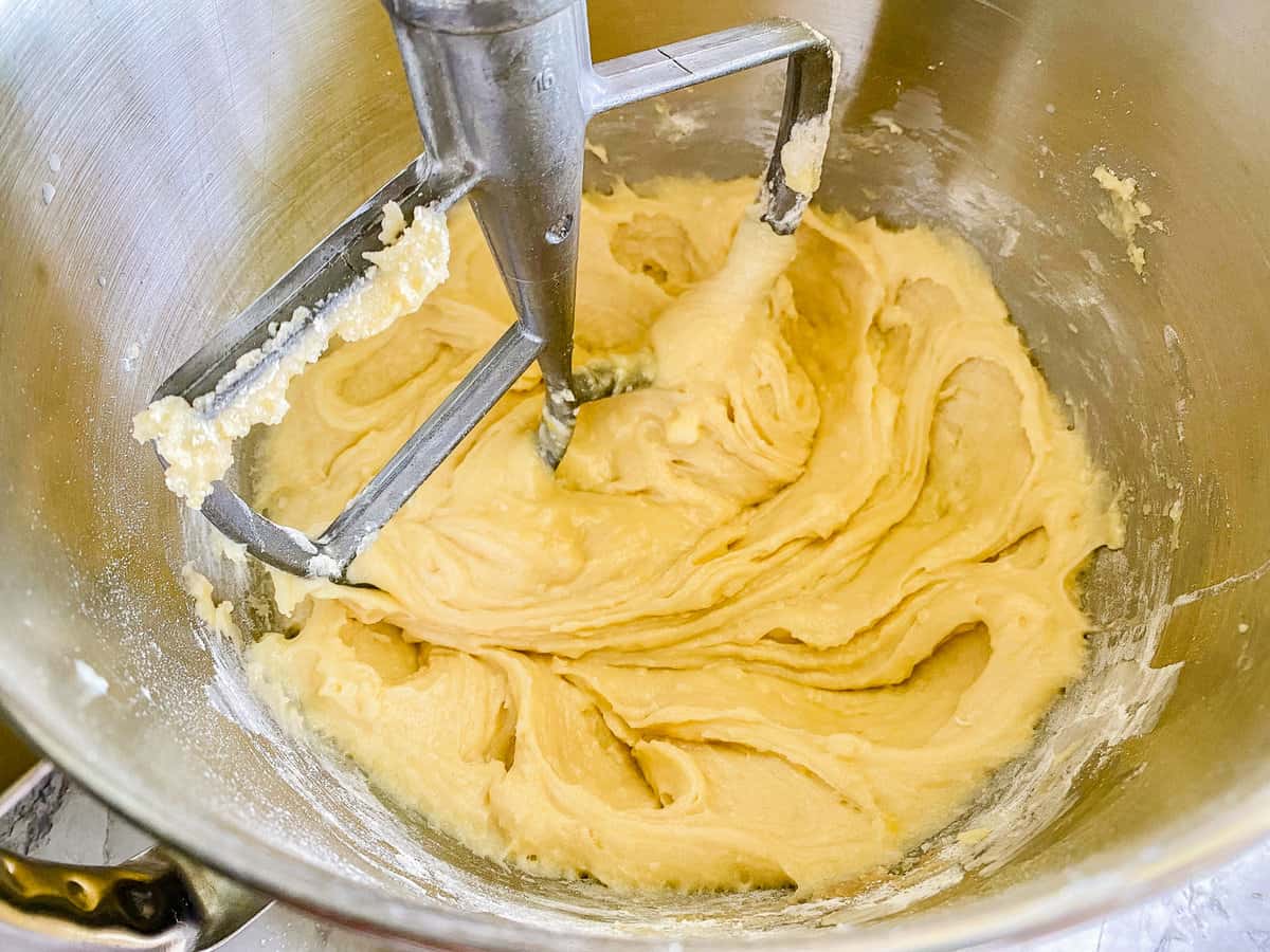 Blueberry Muffin mix being mixed in a kitchen aid mixer,