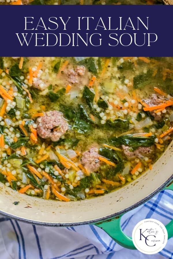 White pot filled with soup with recipe title text on image for Pinterest.