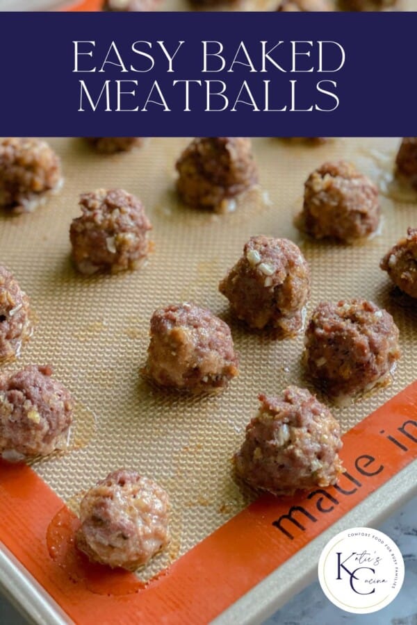 Cooked meatballs with text on image for pinterest.