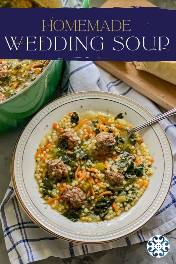 White bowl filled with meatballs, veggies, and noodles with recipe title text on image for Pinterest.