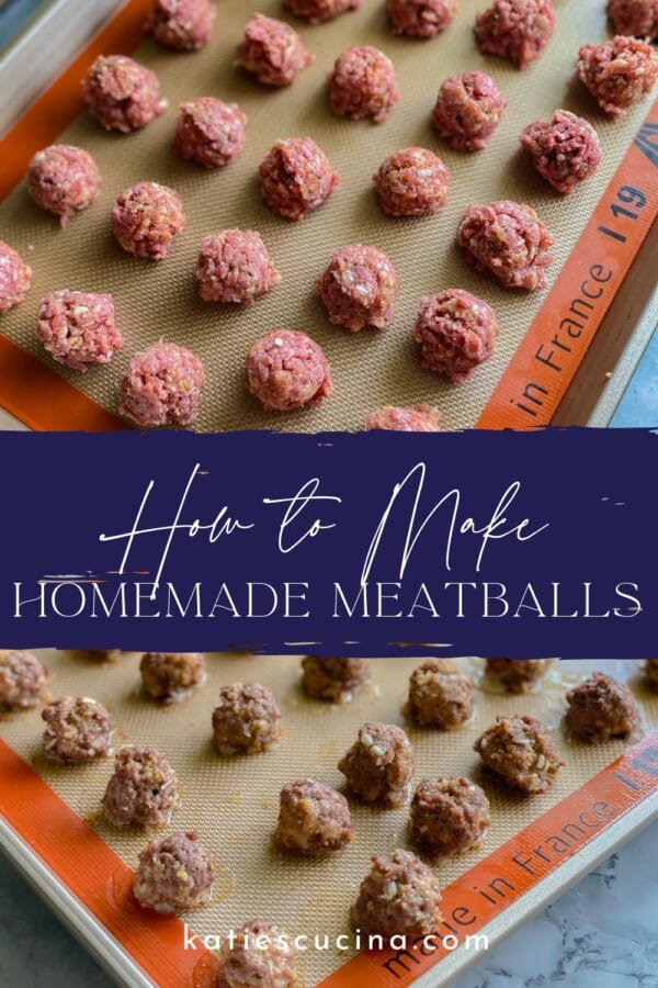 Raw meatballs on a tray divided by recipe title text with cooked meatballs below.