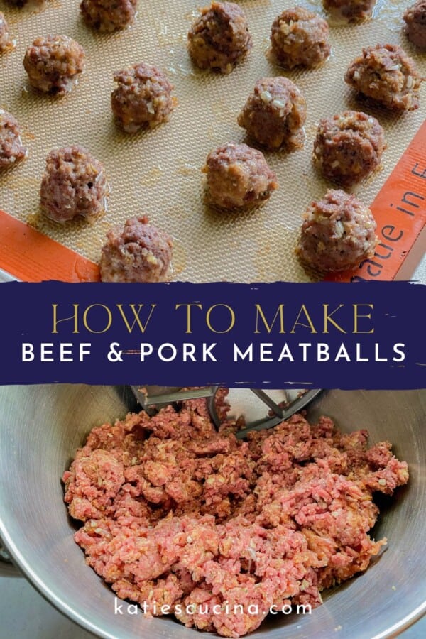 cooked meatballs on a tray divided by title text wtih a bowl of raw mixed meat underneath.