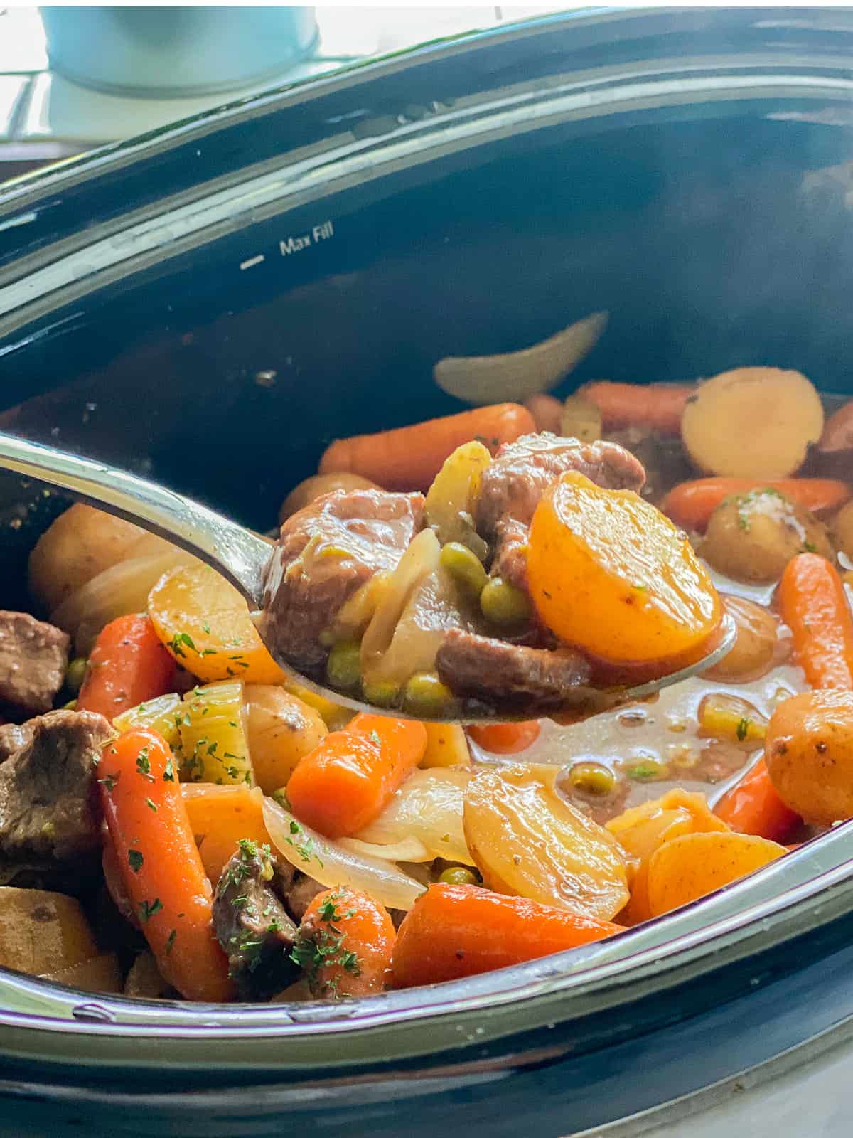 Spoonful of the simmering beef stew in the instant pot.