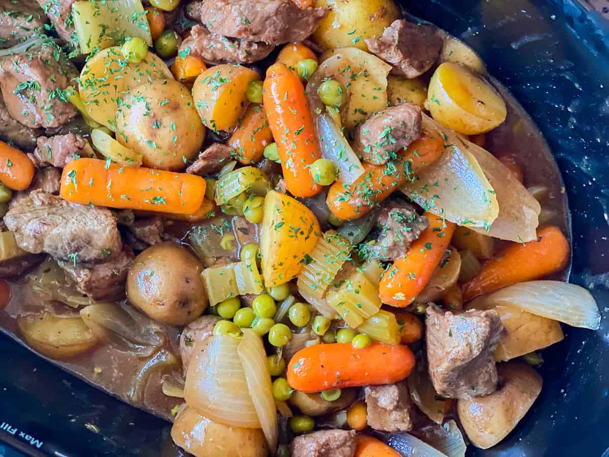 Close up of slow cooker beef stew in the instant pot.