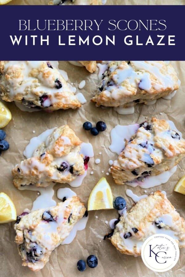 Baked triangle scones with glaze with recipe title text on image for Pinterest.