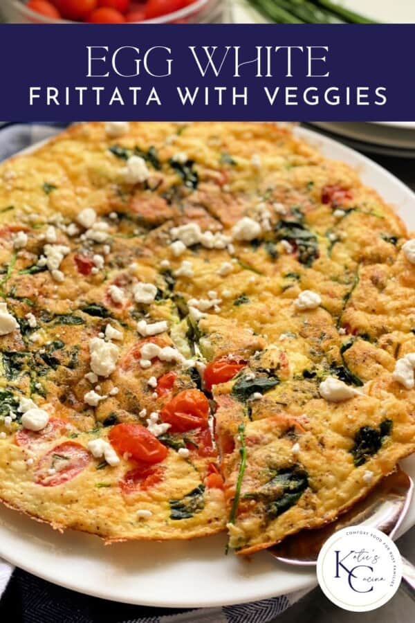 Vegetable egg frittata on a white plate with text on image for Pinterest.