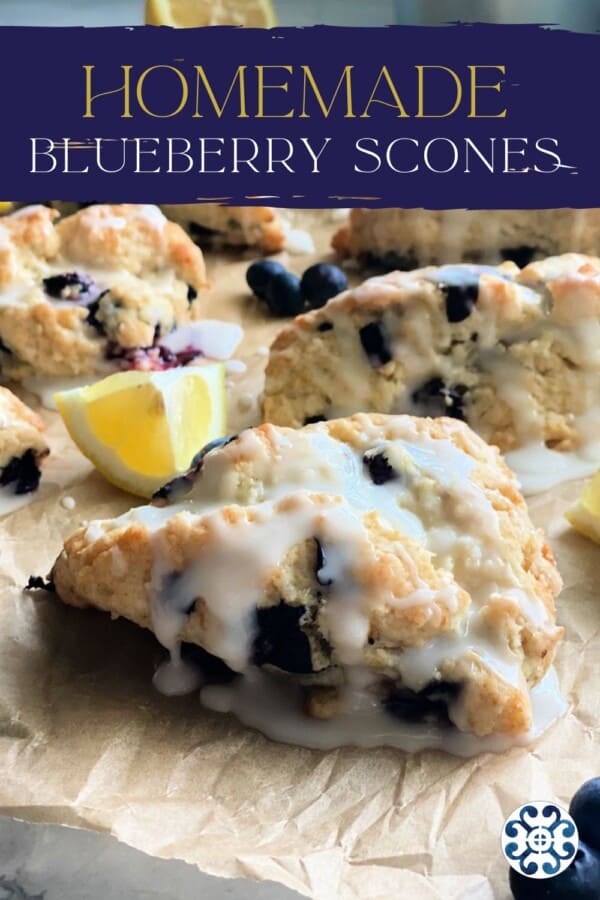 Blueberry scone with glaze with recipe title text on image for Pinterest.