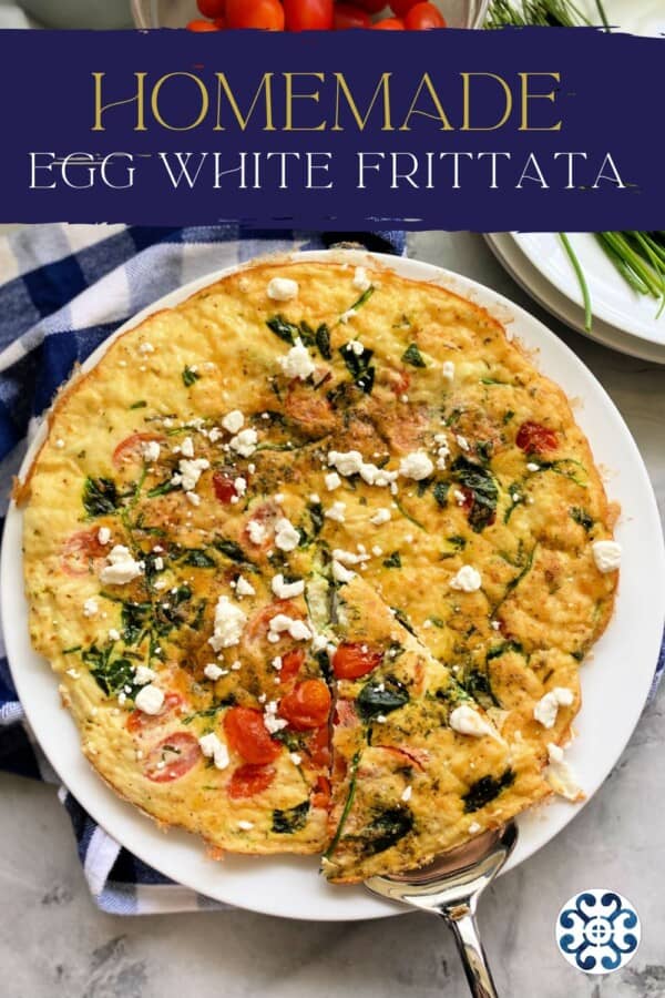White plate filled with egg frittata with recipe text on image for Pinterest.